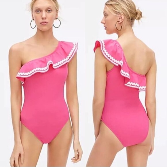 J. Crew Other - NWT J. Crew 12 Textured One Shoulder Ruffle One Piece Swimsuit Pink Preppy